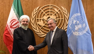 The President of Iran Hassan Rouhani shakes hands with UN Secretary-General António Guterres during the United Nations General Assembly at the United Nations on September 25, 2019 in New York City.