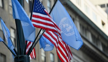 Flags of the United Nations and the United States of America are seen on September 23, 2019 in New York City.