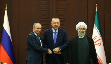  President of Turkey Recep Tayyip Erdogan (C), President of Russia Vladimir Putin (L) and President of Iran Hassan Rouhani (R) pose for a photo after the joint press conference held within the Turkey-Russia-Iran trilateral summit at Cankaya Mansion in Ankara, Turkey on September 16, 2019. 