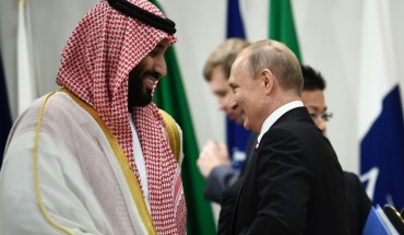 Saudi Arabia's Crown Prince Mohammed bin Salman and Russia's President Vladimir Putin attend a meeting at the G20 Summit in Osaka on June 28, 2019. (Photo by Brendan Smialowski / AFP) (Photo credit should read BRENDAN SMIALOWSKI/AFP/Getty Images)