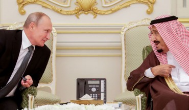 Russia's President Vladimir Putin (L) and King Salman bin Abdulaziz Al Saud of Saudi Arabia at a ceremony to sign joint documents following Russian-Saudi talks at the Al-Yamamah Royal Palace. 