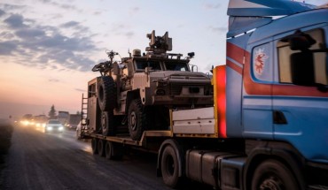 A convoy of U.S. armored military vehicles leave Syria on a road to Iraq on October 19, 2019 in Sheikhan, Iraq.
