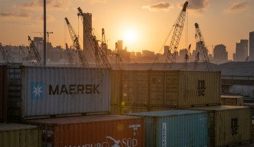 The sun sets behind the urban skyline as port cranes and shipping containers sit in an industrial transport area in Beirut, Lebanon, on 11 October 2019. 