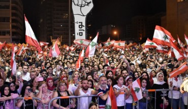 People gather stage an anti government protest in Beirut, Lebanon on November 10, 2019. 