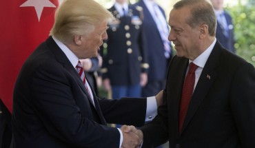 US President Donald Trump shakes hands with Turkish President Recep Tayyip Erdogan as he arrives for meetings at the White House in Washington, DC, May 16, 2017.