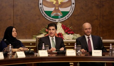 President of Iraqi Kurdish Regional Government (KRG), Nechirvan Barzani (C), President of Iraq Barham Salih (R) and Speaker of the parliament Rewaz Faiaq (L) attend a meeting on the current developments in Iraq on November 05, 2019 in Erbil, Iraq.