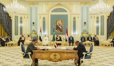 ) Yemeni Deputy Prime Minister Ahmed Saeed al-Khanbashi (R) and Southern Transitional Council (STC) representative Nasser al-Habci (L) are seen during a signing ceremony of 'Riyadh Agreement' between the Yemeni government and the United Arab Emirates (UAE)-backed separatist forces, Southern Transitional Council (STC) in Riyadh, Saudi Arabia on November 05, 2019. 