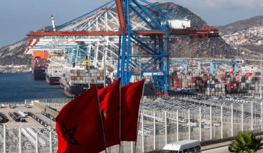 This picture taken on June 28, 2019 shows a view of container cranes at terminal I of the Tanger Med port in the northern city of Tangiers on the Strait of Gibraltar