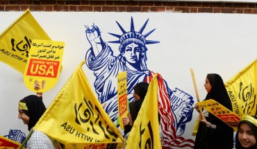  People gather in front of the former US Embassy building to stage a protest against United States due to the 40th anniversary of the occupation of former US Embassy building in Tehran, Iran on November 04, 2019.