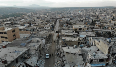 An aerial view taken on December 8, 2019 shows the damage caused by reported Syrian regime and Russian air strikes the previous day in the town of Al-Bara in the south of Syria's Idlib province, that killed at least four civilans, including a child and wounding several others. 