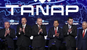 Turkish President Recep Tayyip Erdogan (3rd L) and Azerbaijani President Ilham Aliyev (2nd L) attend the opening ceremony of the TANAP-Europe connection in Ipsala district of Edirne, Turkey on November 30, 2019.
