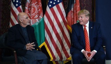 US President Donald Trump holds a bilateral meeting with Afghan's President Ashraf Ghani at Bagram Air Field during a surprise Thanksgiving day visit, on November 28, 2019 in Afghanistan.