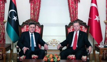 President of Turkey, Recep Tayyip Erdogan (R) meets chairman of the Presidential Council of Libya, Fayez Al-Sarraj (L) at Dolmabahce Office in Istanbul, Turkey on November 27, 2019.