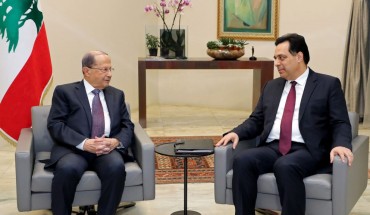 Lebanon's President Michel Aoun (L) meets with prime minister designate Hassan Diab at the presidential palace in Baabda, east of the capital Beirut, on January 21, 2020.