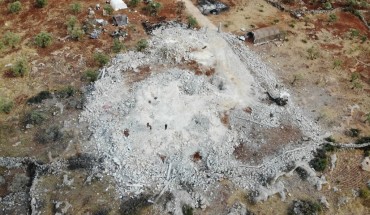 An aerial view taken on November 1, 2019, shows the site where the Islamic State group leader Abu Bakr al-Baghdadi was reportedly killed according to US president Donald Trump, in a daring nighttime raid by US special forces near the small village of Barisha in northwestern Syria.