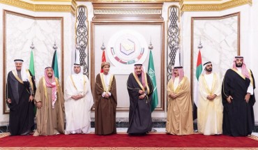Saudi Arabian King Salman bin Abdulaziz al-Saud (C) poses for a family photo with Emir of Dubai Sheikh Mohammed bin Rashid Al Maktoum (2nd R), Crown Prince of Saudi Arabia Mohammad bin Salman (R), Bahrain King Hamed bin Isa Al Khalifa (3rd R), Oman Deputy Prime Minister Fahd bin Mahmoud Al Said (4th L) and Kuwaiti Emir Sheikh Jaber al-Ahmad al-Sabah (2nd L) prior to the 40th Gulf Cooperation Council (GCC) annual summit in Riyadh, Saudi Arabia on December 10, 2019. 