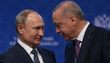 Russian President Vladimir Putin (L) and Turkish President Recep Tayyip Erdogan (R) attend the opening ceremony of the TurkStream on January 08, 2020 in Istanbul, Turkey. 