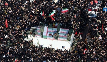 A drone photo shows thousands of Iranians attend the funeral ceremony of Qasem Soleimani, commander of Iranian Revolutionary Guards' Quds Forces, who was killed in a U.S. drone airstrike in Iraq, in Tehran, Iran on January 06, 2020.