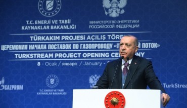 President of Turkey Recep Tayyip Erdogan and his Russian counterpart Vladimir Putin (not seen) attend the opening ceremony of TurkStream natural gas pipeline project, at Halic Congress Center in Istanbul, Turkey on January 08, 2020. 