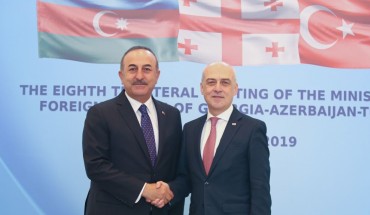 Foreign Minister of Turkey Mevlut Cavusoglu (L) meets Foreign Minister of Georgia David Zalkaliani (R) in Tbilisi, Georgia on December 23, 2019.