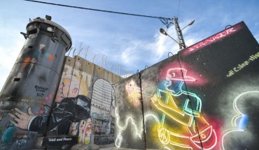 Political and social mural paintings and graffiti on the Israeli West Bank barrier in Bethlehem. 