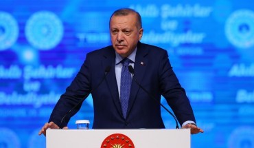  Turkish President Recep Tayyip Erdogan makes a speech as he attends Sister Municipalities Consultation and Evaluation Meeting at AK Party Headquarters in Ankara, Turkey on January 15, 2020.