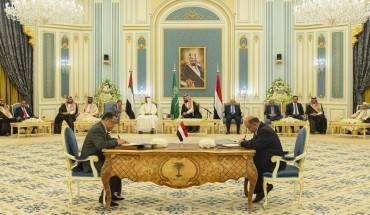 Yemeni Deputy Prime Minister Ahmed Saeed al-Khanbashi (R) and Southern Transitional Council (STC) representative Nasser al-Habci (L) are seen during a signing ceremony of 'Riyadh Agreement' between the Yemeni government and the United Arab Emirates (UAE)-backed separatist forces, Southern Transitional Council (STC) in Riyadh, Saudi Arabia on November 05, 2019.