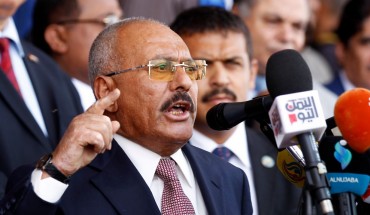 Yemen's ex-president Ali Abdullah Saleh gives a speech addressing his supporters during a rally as his General People's Congress party, marks 35 years since its founding, at Sabaeen Square in the capital Sanaa on August 24, 2017. 