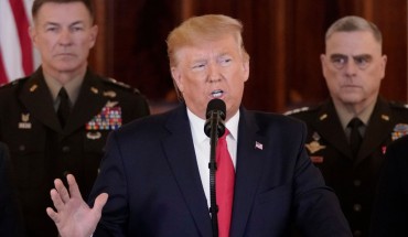  President Donald Trump speaks from the White House on January 08, 2020 in Washington, DC. During his remarks, Trump addressed the Iranian missile attacks that took place last night in Iraq and said, “As long as I am president of the United States, Iran will never be allowed to have a nuclear weapon.” 