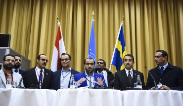 Rebel negotiator Mohammed Abdelsalam (C) holds a press conference together with members of the delegation following the peace consultations taking place at Johannesberg Castle in Rimbo, north of Stockholm, Sweden, on December 13, 2018. - Yemen's government and rebels have agreed to a ceasefire in flashpoint Hodeida, where the United Nations will now play a central role, the UN chief said. (Photo by Jonathan NACKSTRAND / AFP) (Photo credit should read JONATHAN NACKSTRAND/AFP via Getty Images)