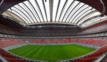 This picture taken with a fish-eye lens on December 17, 2019 shows a view inside Qatar's new al-Bayt Stadium in the capital Doha, which will host matches of the FIFA football World Cup 2022. (Photo by GIUSEPPE CACACE / AFP) (Photo by GIUSEPPE CACACE/AFP via Getty Images)