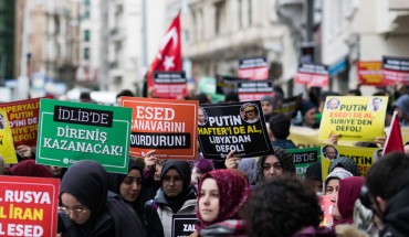 Women in Istanbul hold banners which read murderer Russia, murderer Iran, murderer Esed during the protest on February 29, 2020 after 33 Turkish soldiers were killed in Idlib, Syria on 27 February.