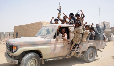 Houthi fighters gather on a vehicle in a recently captured area following heavy fighting with forces loyal to the internationally recognized government on March 2, 2020 in Al-Jawf province, Yemen. 
