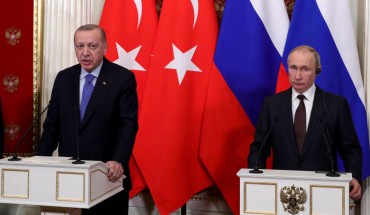 Turkey's President Recep Tayyip Erdogan (L) and Russia's President Vladimir Putin at a press conference following their meeting at the Moscow Kremlin.