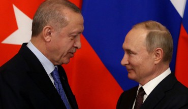 Russian President Vladimir Putin and Turkish President Recep Tayyip Erdogan greet each other during their talks at the Kremlin on March 5, 2020 in Moscow, Russia. Erdogan is having a one day visit to Russia to discuss the war conflcit in Syria. 