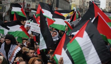 Thousands of protesters gather at Al-Manara Square to protest against U.S. President Donald Trump's Middle East plan, in Ramallah, West Bank on February 11, 2020.