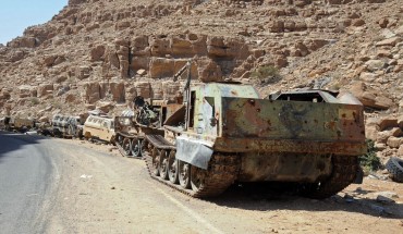 destroyed military vehicles are seen at Houthi-controlled areas following heavy fighting between them and forces loyal to the internationally recognized government on February 6, 2020 in Al-Jawf province, Yemen.