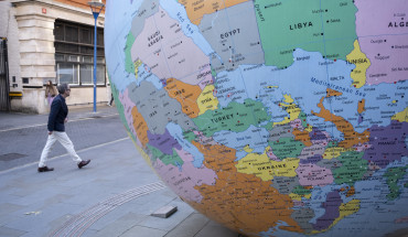 The Middle East and Europe are seen upside down on the public art sculpture The World Turned Upside Down by artist Mark Wallinger on 6th December 2022 in London, United Kingdom. Photo by Mike Kemp/In Pictures via Getty Images