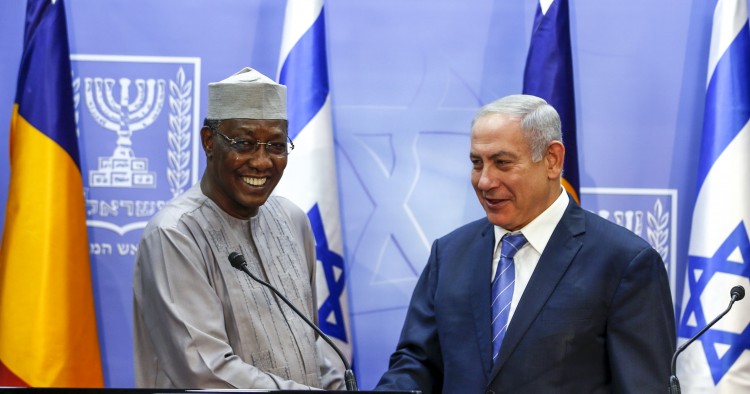 Israeli Prime Minister Benjamin Netanyahu (R) shakes hands with Chadian President Idriss Deby as they deliver joint statements in Jerusalem November 25, 2018.