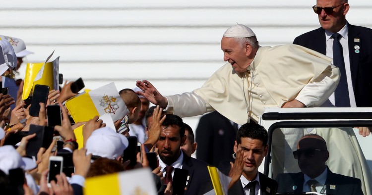 Pope Francis arrives to celebrate Mass at Zayed Sport City on February 5, 2019 in Abu Dhabi, United Arab Emirates.