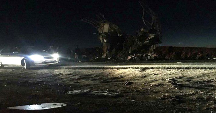 Scene of the suicide attack on a Revolutionary Guards bus on Khash-Zahedan road in Iran's Sistan and Baluchestan Province on February 13, 2019. At least 20 members of Iran's Revolutionary Guards were killed in a suicide bombing in southeastern Iran. 