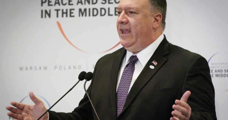 US Secretary of State Mike Pompeo speaks at the final press conference of the Middle East summit in Warsaw, Poland on February 14, 2019.