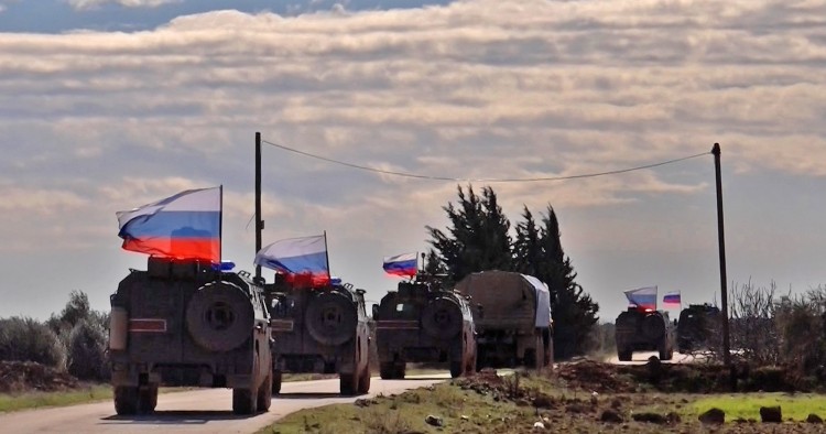 An image grab taken from AFP TV on January 17, 2019, shows a Russian army vehicles on patrol in the area of Arimah, just west of Manbij.