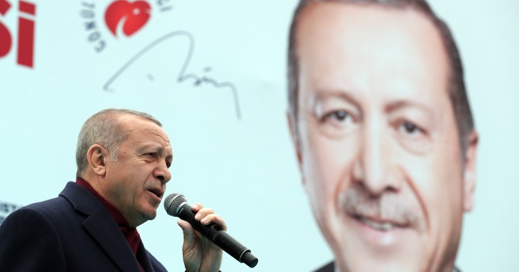 President of Turkey and the leader of Turkey's ruling AK Party Recep Tayyip Erdogan delivers a speech during a campaign rally for March 31 local elections in Gaziosmanpasa district of Istanbul, Turkey on March 16, 2019.