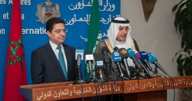 Minister of Foreign Affairs of Saudi Arabia Adel al-Jubeir (R) and Morocco's Minister of Foreign Affairs and International Cooperation Nasser Bourita (L) hold a joint press conference after their meeting in Rabat, Morocco on May 8, 2017. 