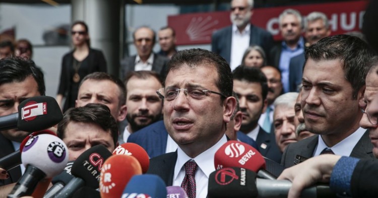 Ekrem Imamoglu speaks to press members outside the headquarters of CHP after party's extraordinary caucus meeting in Ankara, Turkey on May 7, 2019.