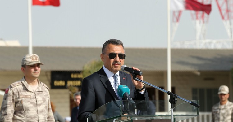 Turkish Vice President Fuat Oktay makes a speech during his visit at the Qatari-Turkish Armed Forces Land Command Base in Doha, Qatar on March 27, 2019. 