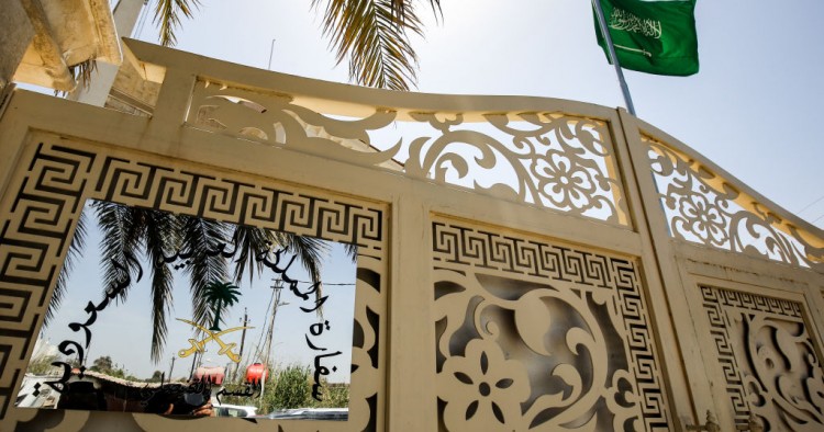 Saudi flag flying over the gatehouse to the new Saudi consulate headquarters in the high security "Green Zone" in the centre of the Iraqi capital Baghdad.