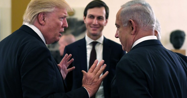 US President Donald J Trump and White House senior adviser Jared Kushner meet with Israel Prime Minister Benjamin Netanyahu at the King David Hotel May 22, 2017 in Jerusalem, Israel. 