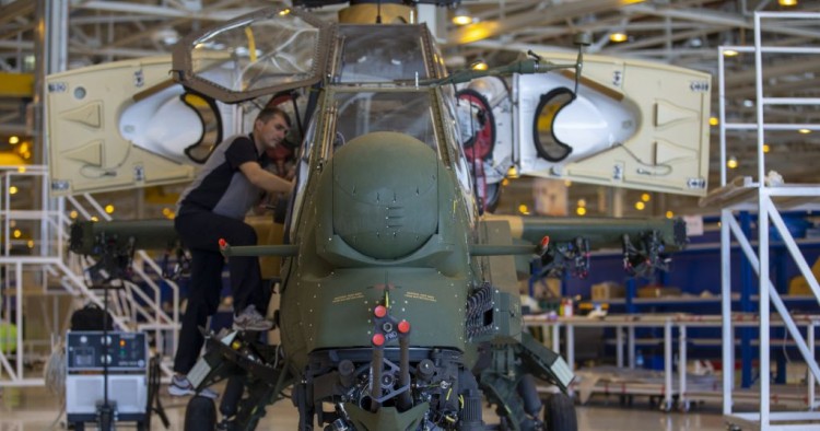 Staff of Turkish Aerospace Industries Inc. works on a helicopter in Ankara, Turkey on July 13, 2018. 